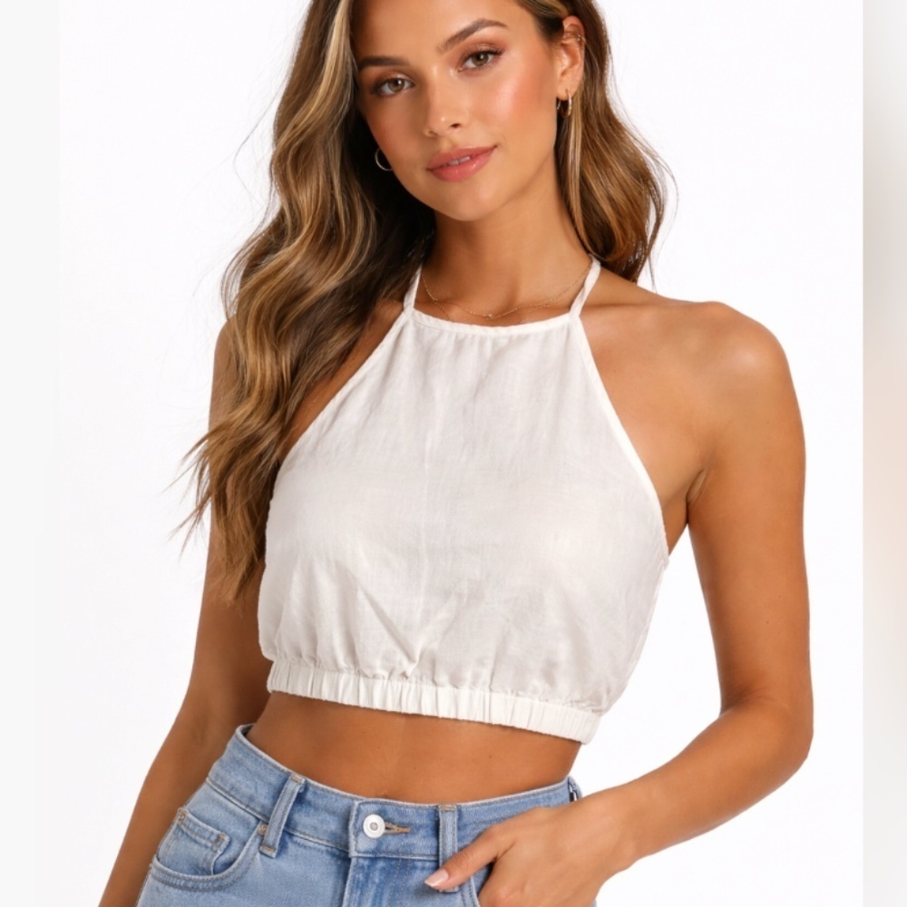 CRESCENT Linen Blend Halter Top Ivory Size Medium NWT